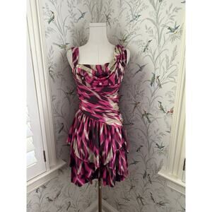 bebe cocktail party Asymmetric dress Pink Brown Floral Size 8 EUC